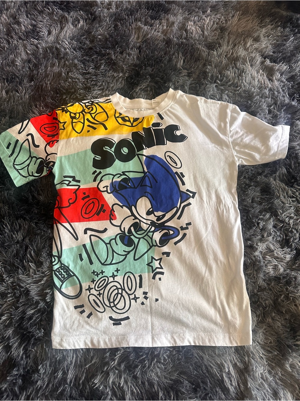 Sonic Graphic Kids Tee - White with Blue & Multi-color Print- Boys 8-10